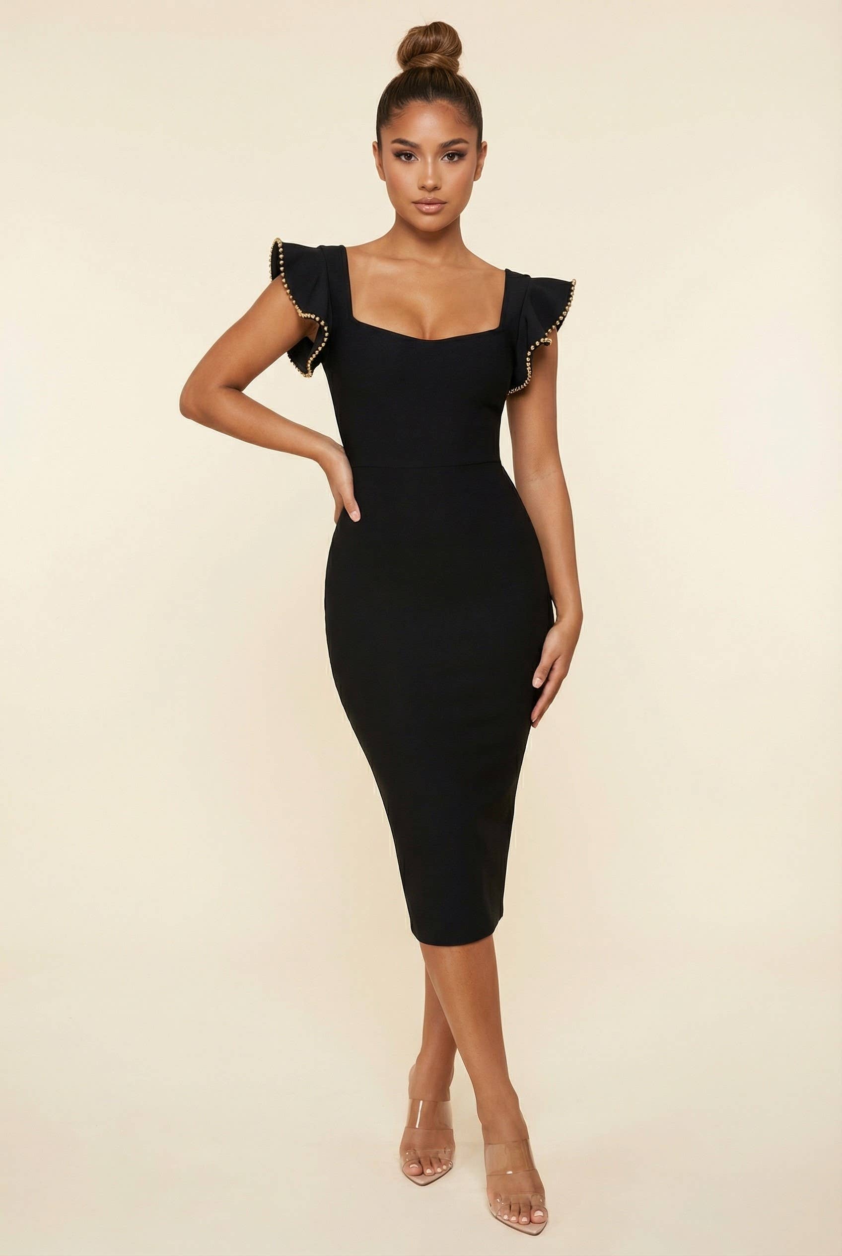 Bandage Rhinestones On Sleeve Bodycon Midi Dress – Kute and Komfi