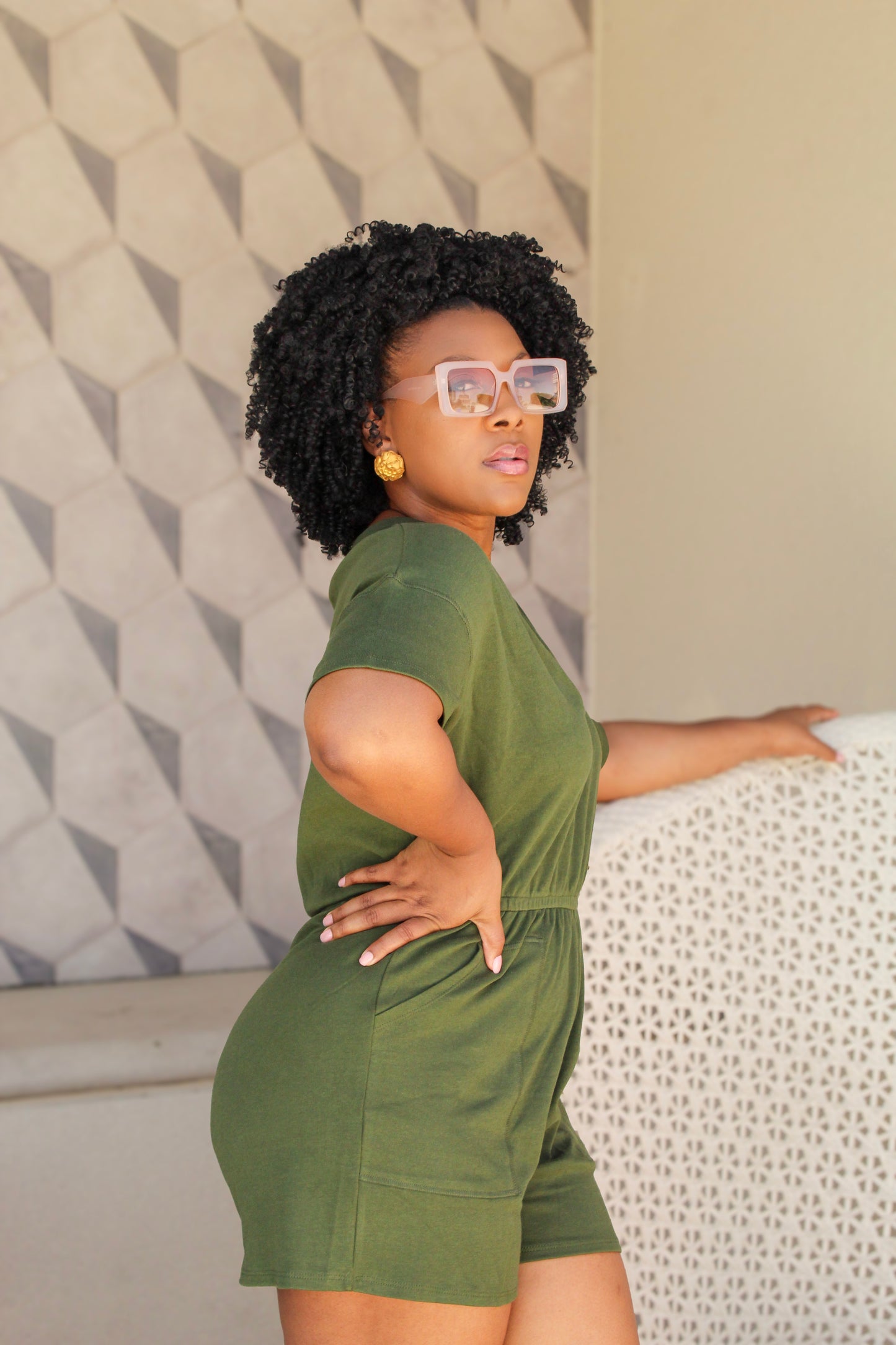 Army Green Drop Shoulder V Neck Romper with Pockets