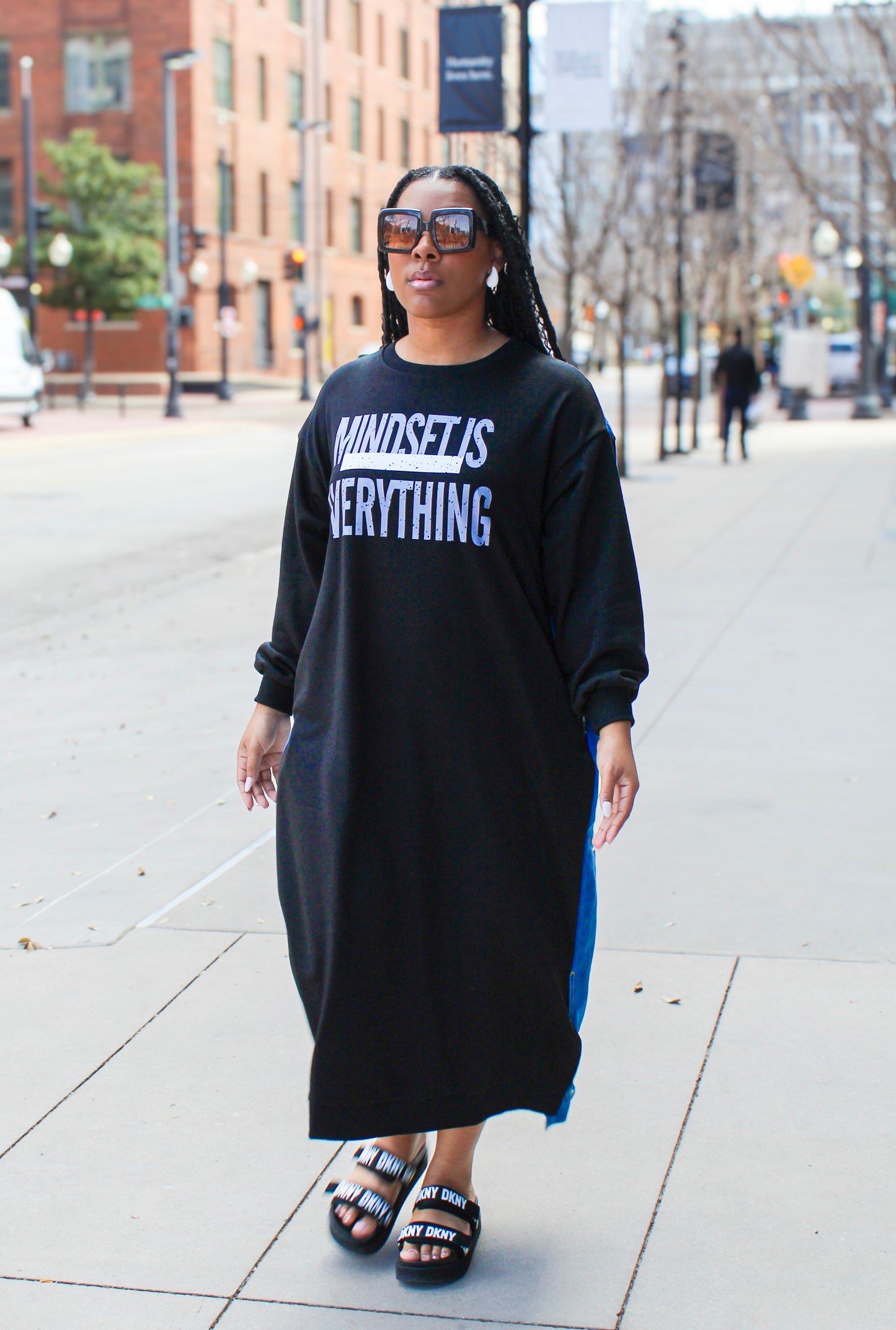 Black Long Sleeve Print Paneled Denim Sweater Maxi Dress