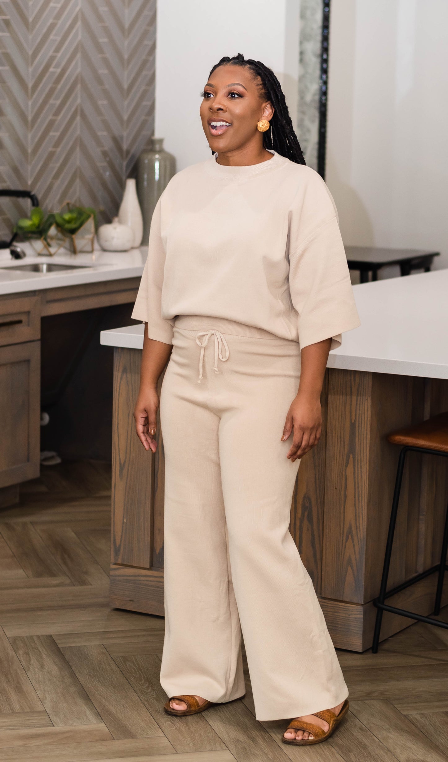 Apricot Sleeve Knit Sweater with Knit Flare Pants Set