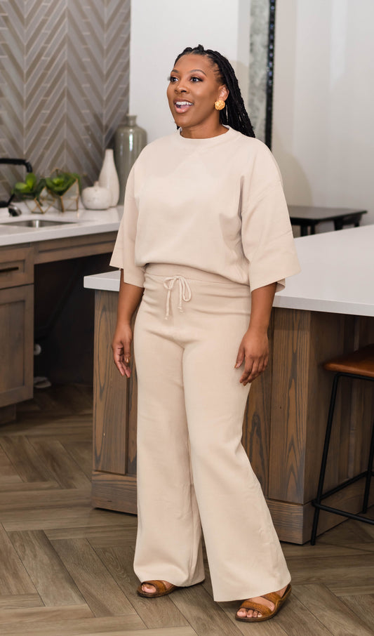 Apricot Sleeve Knit Sweater with Knit Flare Pants Set