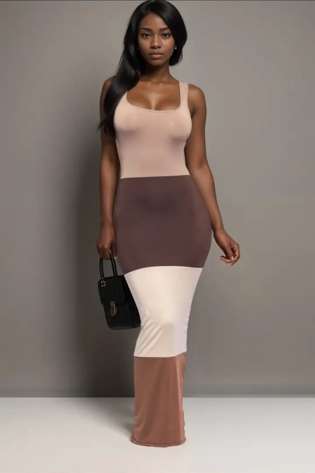 Brown Combo Sleeveless Block Maxi Dress