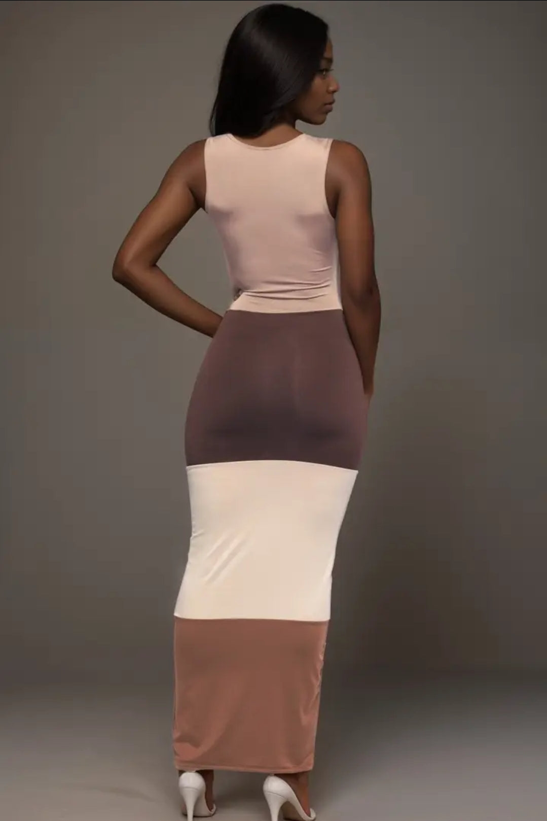Brown Combo Sleeveless Block Maxi Dress