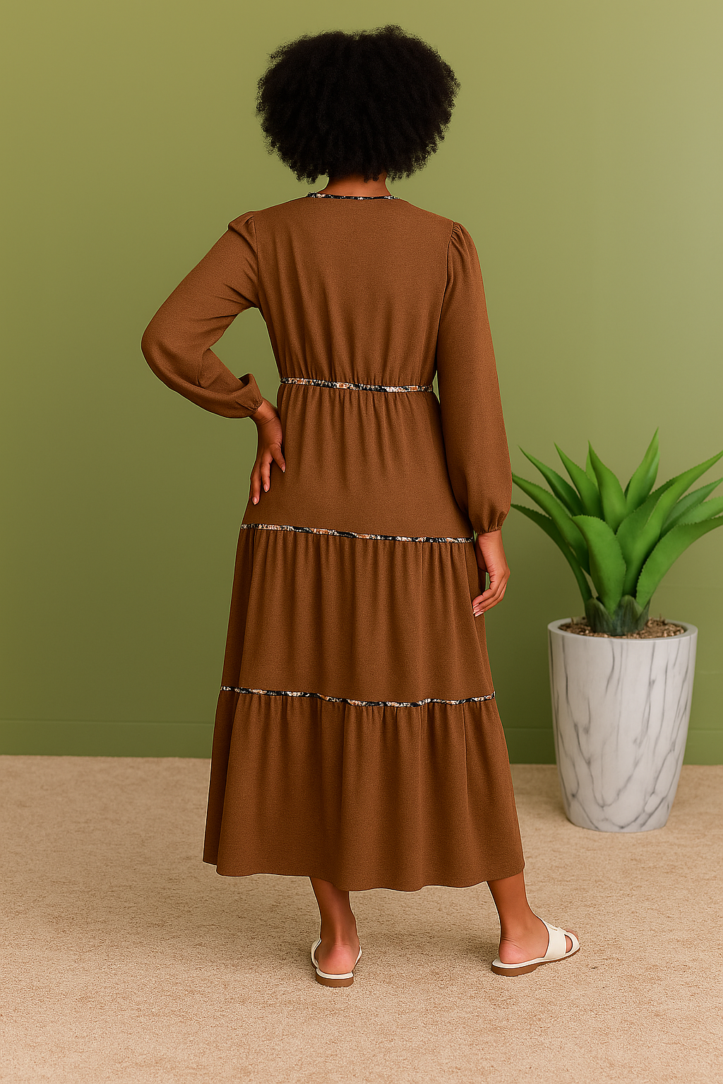 Chestnut Floral Long Sleeve Maxi Dress