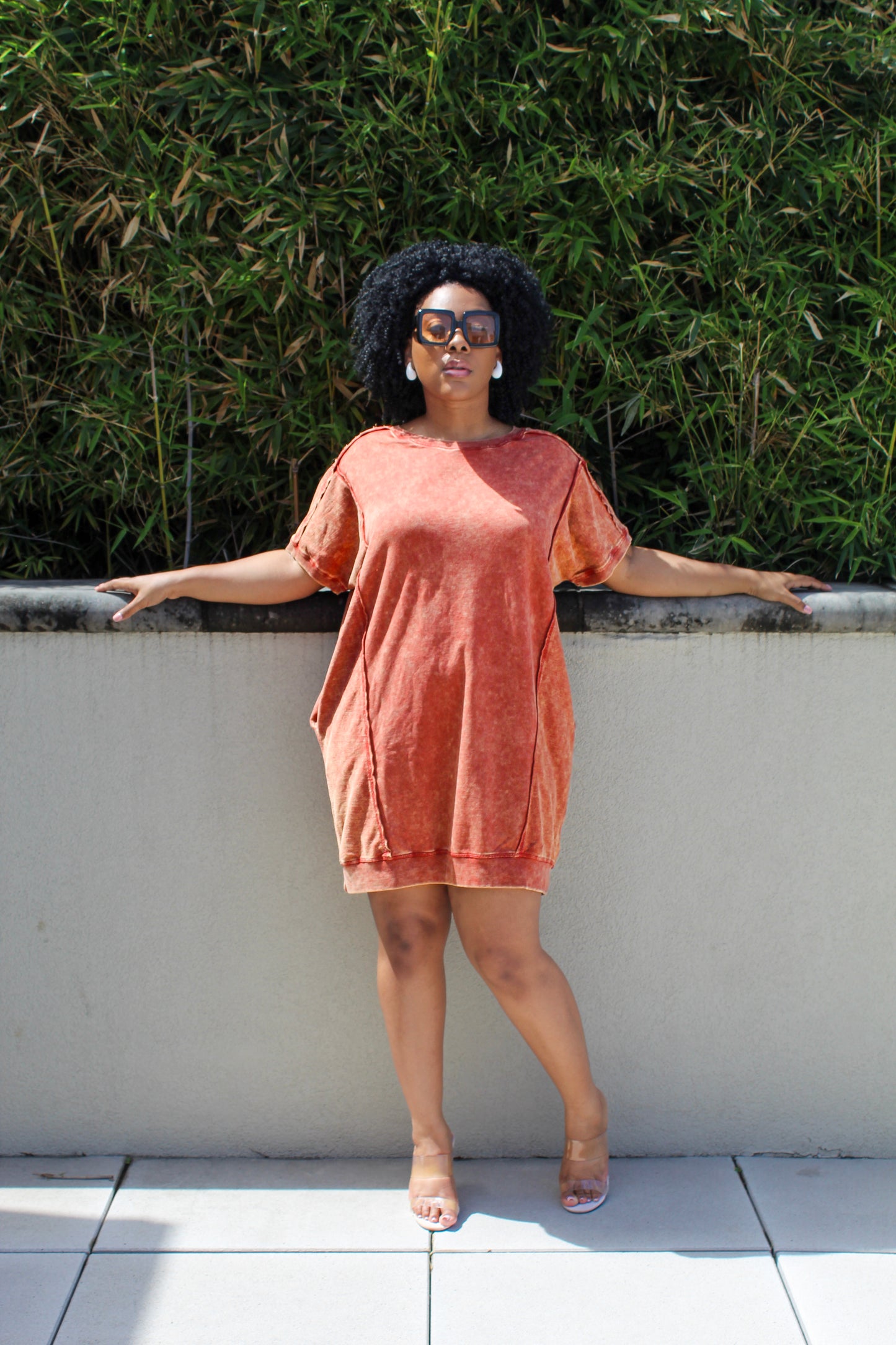 Rust/Burnt Orange French Terry Acid Wash Short Sleeve Dress