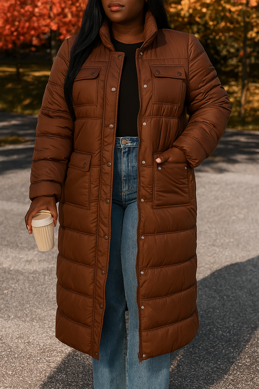 Coffee Quilted Puffer Mid-Length Coat
