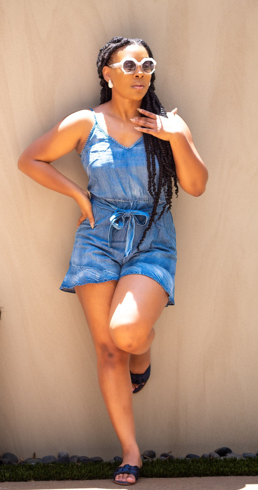 Denim Like Ruffle Draw String Jumpsuit