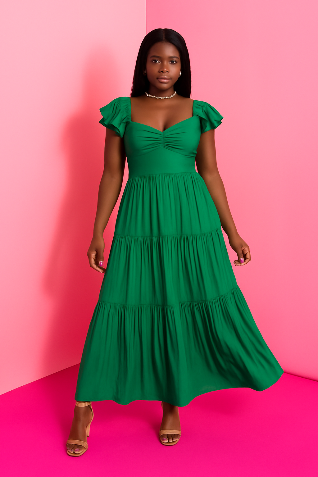 Green Solid Ankle Maxi Dress