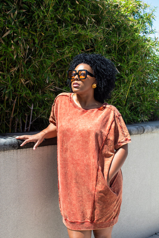 Rust/Burnt Orange French Terry Acid Wash Short Sleeve Dress