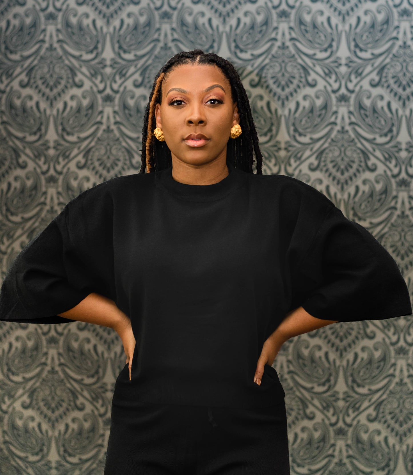 Black Sleeve Knit Sweater with Knit Flare Pants Set