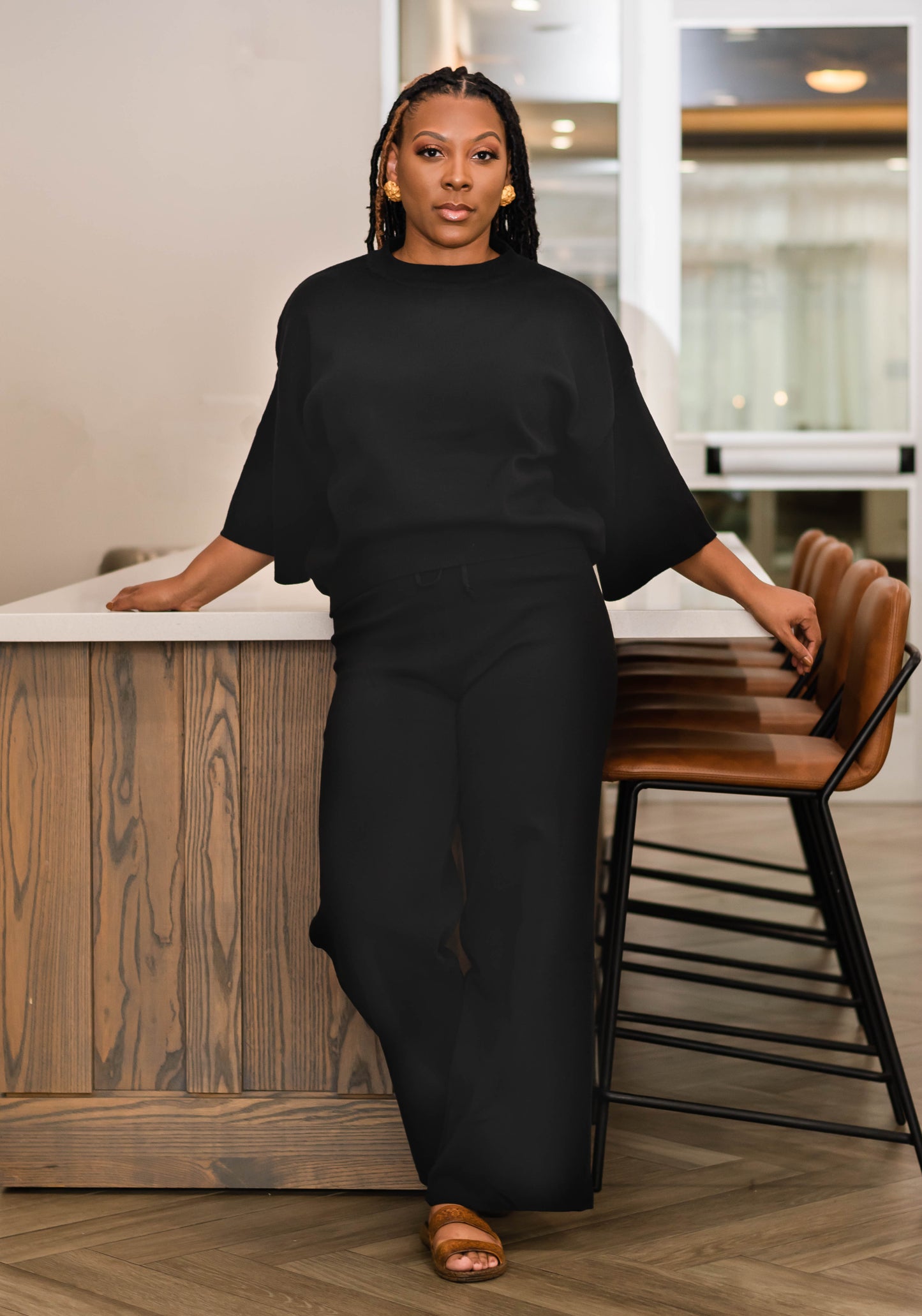 Black Sleeve Knit Sweater with Knit Flare Pants Set