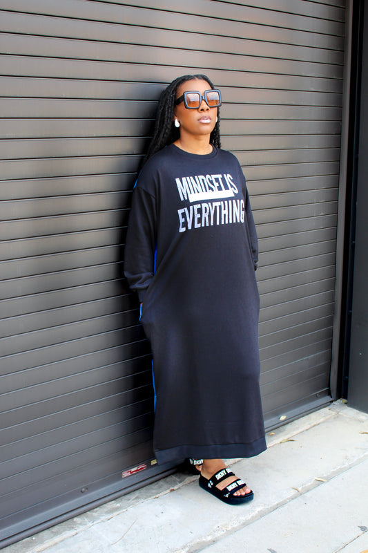Black Long Sleeve Print Paneled Denim Sweater Maxi Dress