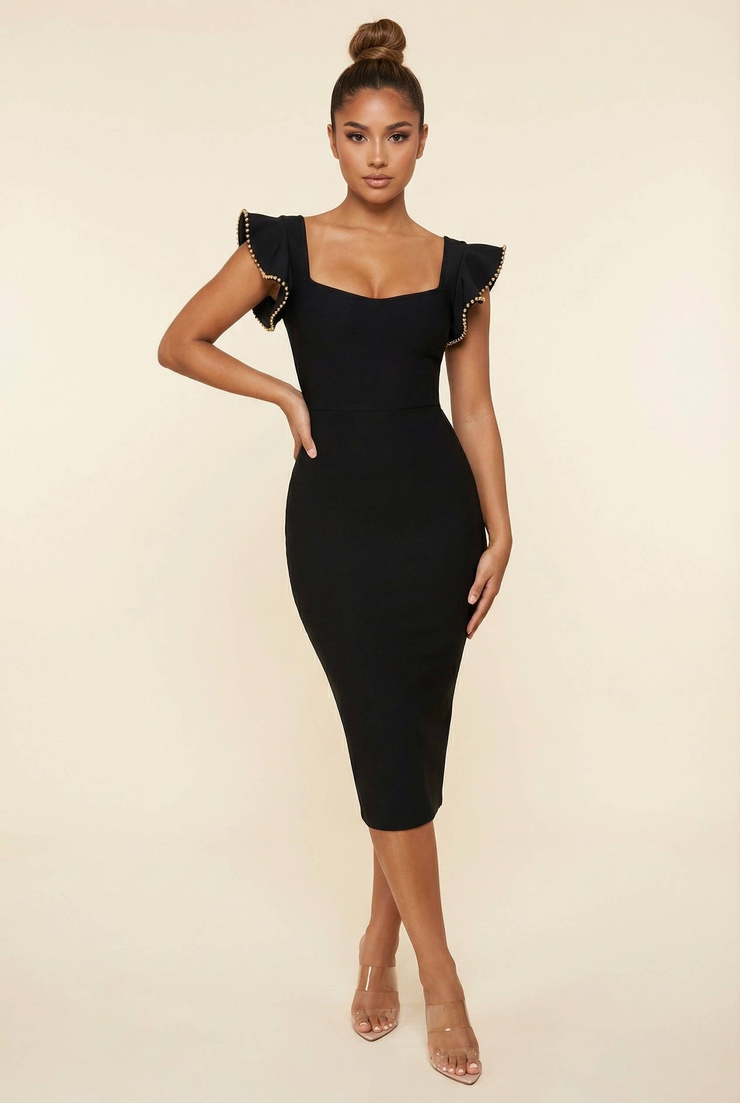 BANDAGE RHINESTONE ON SLV BODYCON MIDI DRESS