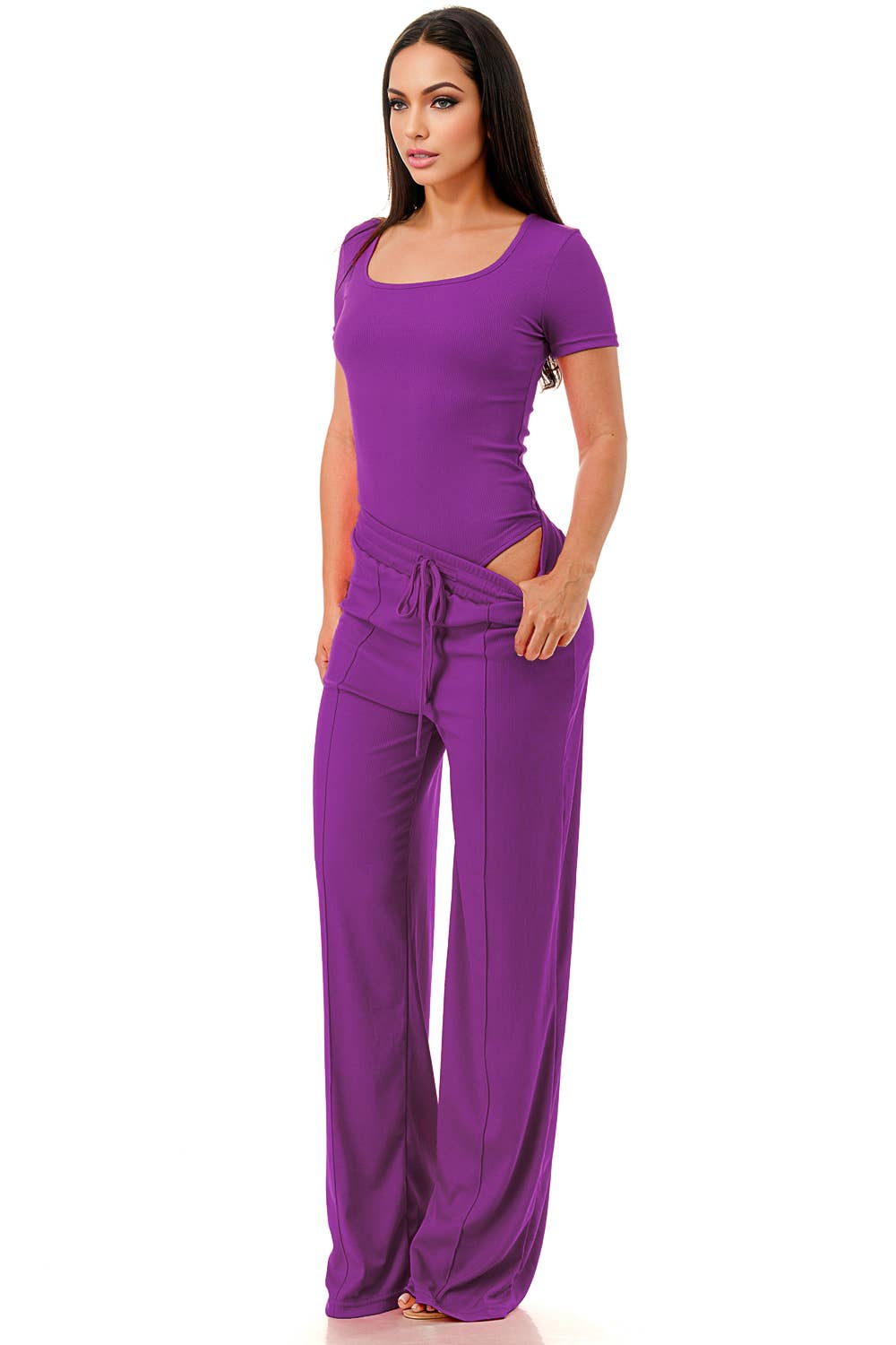 Slinky short sleeve body suit with flare pants fashion set: Black