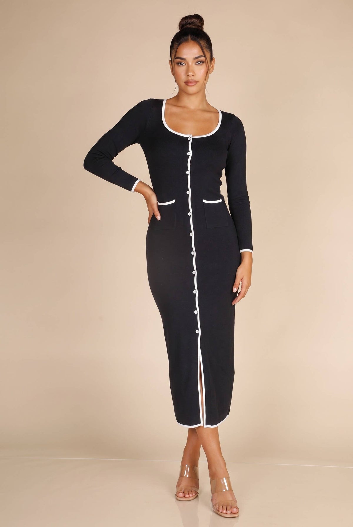 HEM CONTRAST LONG SLV MIDI DRESS : Black / S