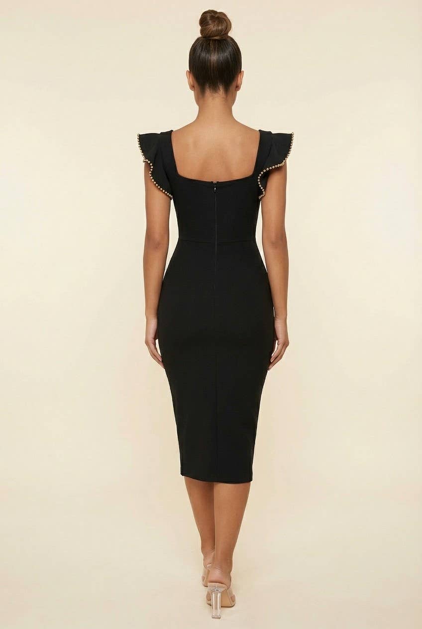 BANDAGE RHINESTONE ON SLV BODYCON MIDI DRESS