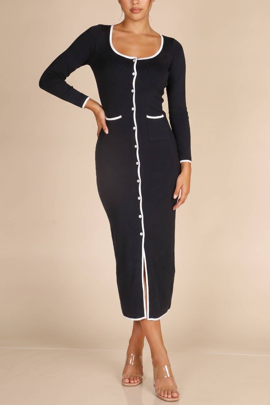 HEM CONTRAST LONG SLV MIDI DRESS : Black / L
