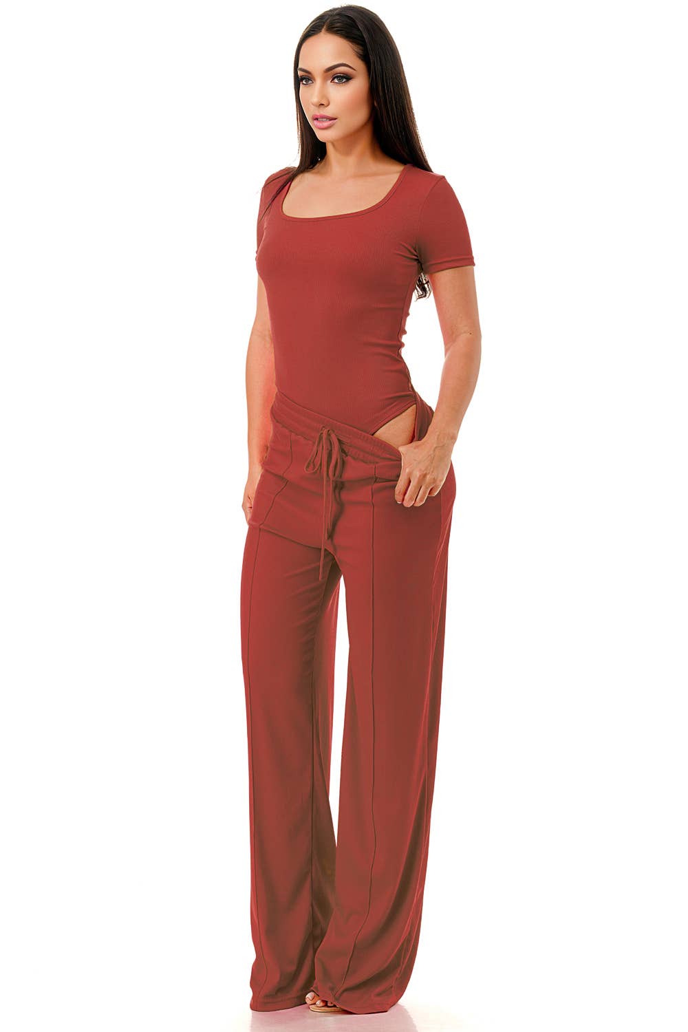 Slinky short sleeve body suit with flare pants fashion set: Black