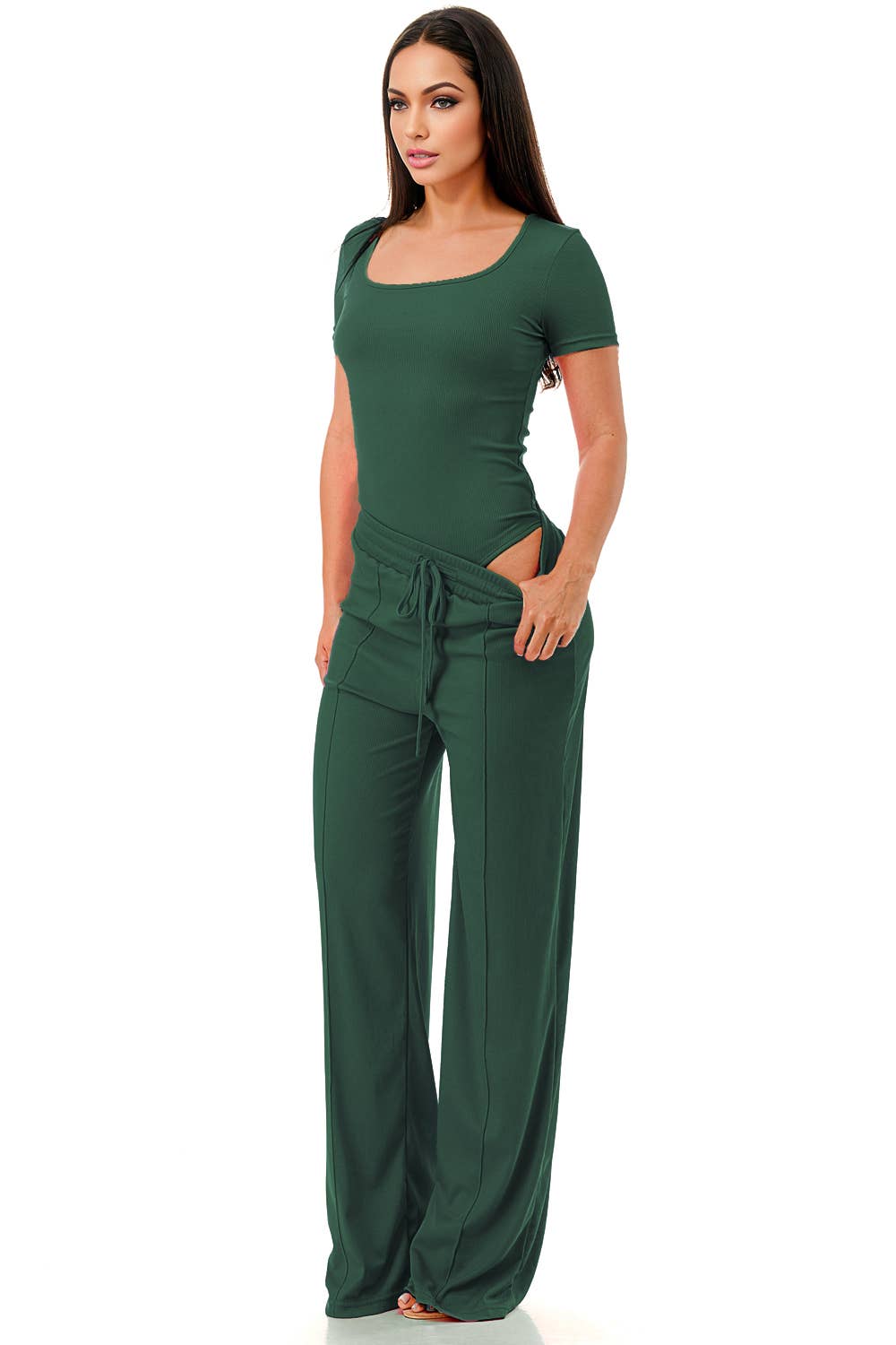 Slinky short sleeve body suit with flare pants fashion set: Black