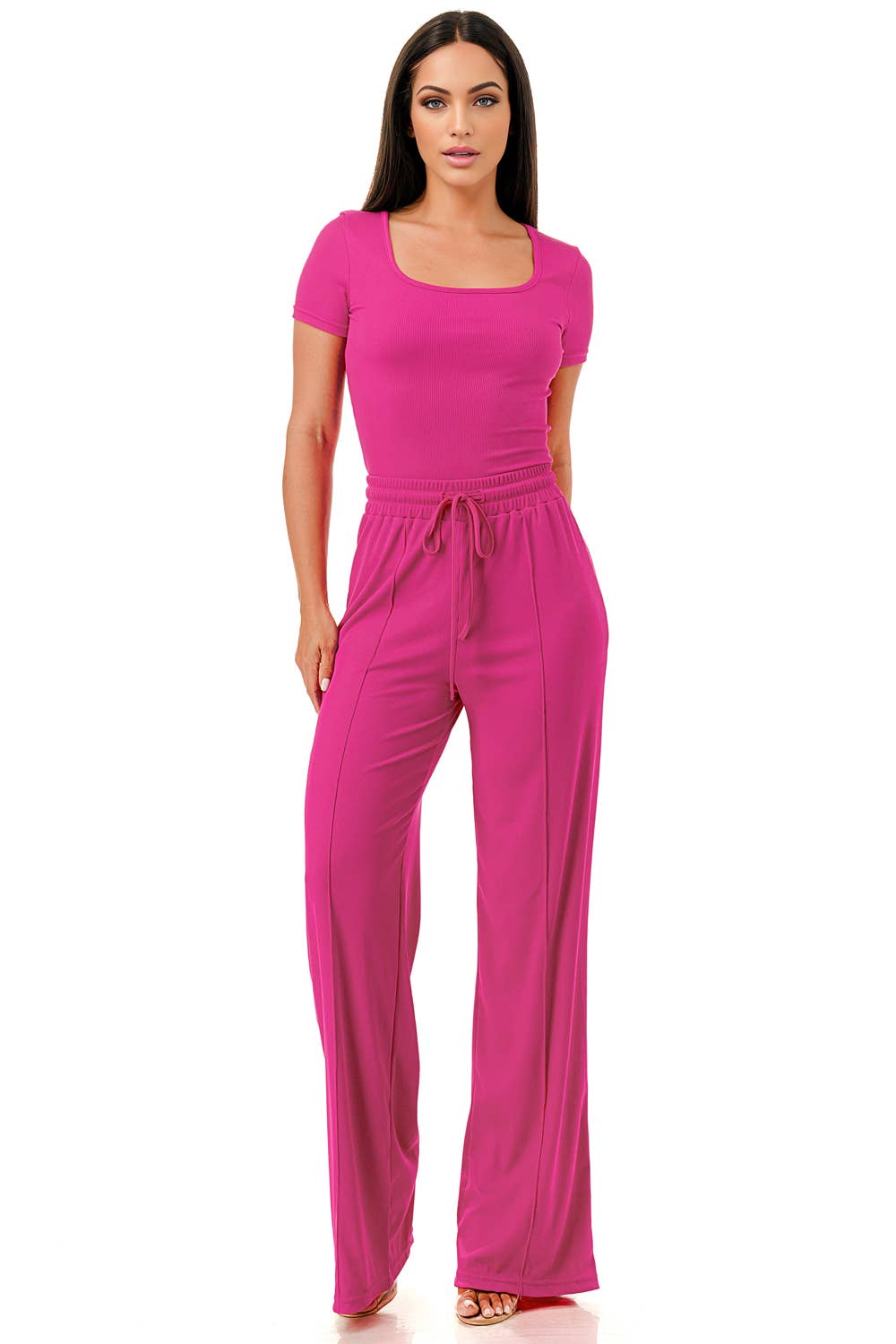 Slinky short sleeve body suit with flare pants fashion set: Mocha