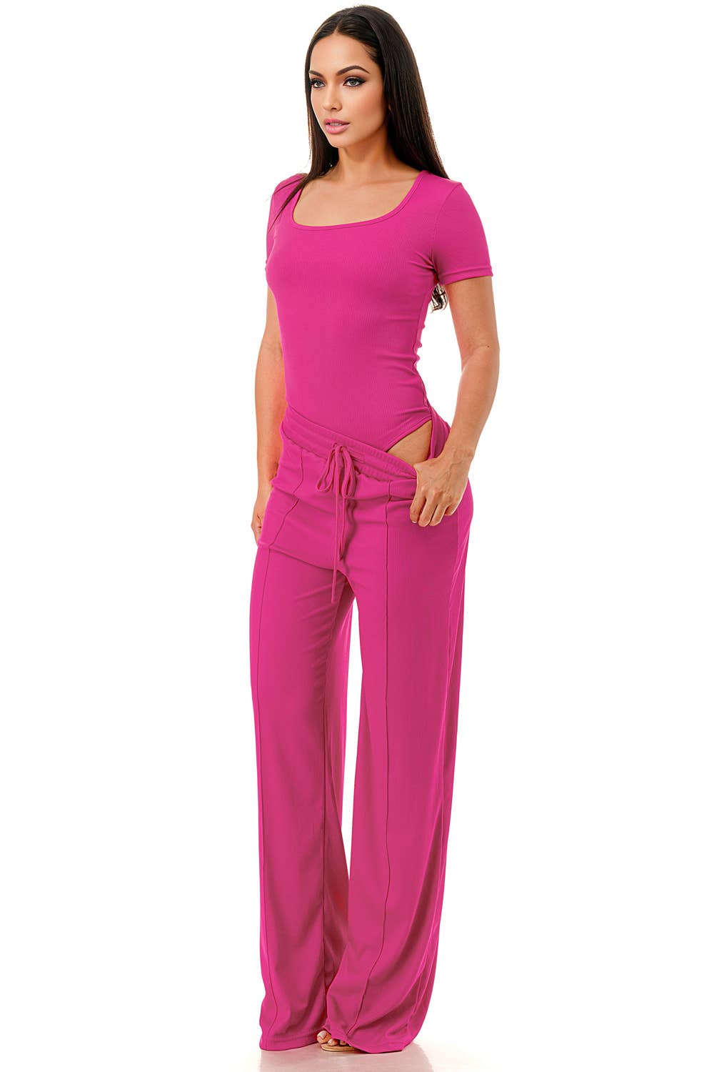 Slinky short sleeve body suit with flare pants fashion set: Mocha