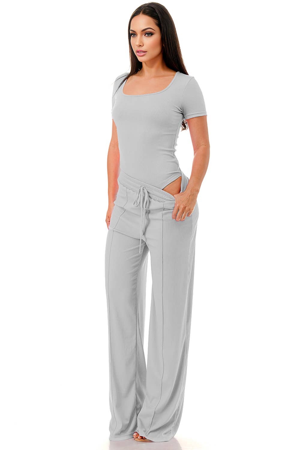 Slinky short sleeve body suit with flare pants fashion set: Mocha