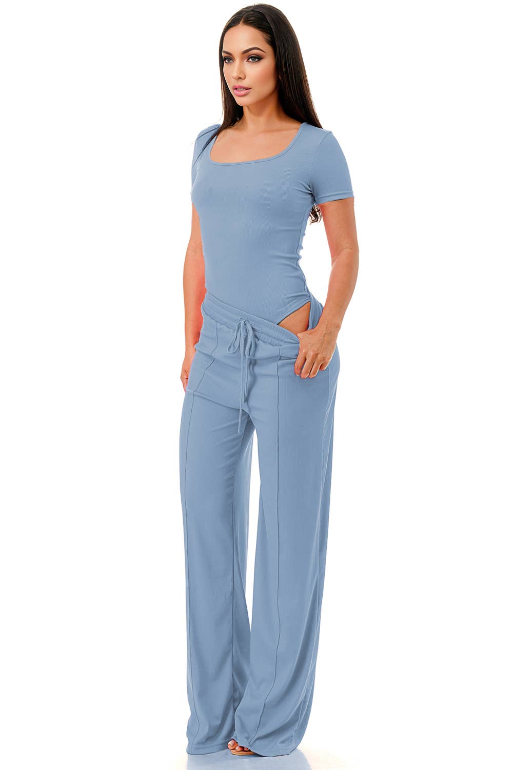 Slinky short sleeve body suit with flare pants fashion set: Mocha
