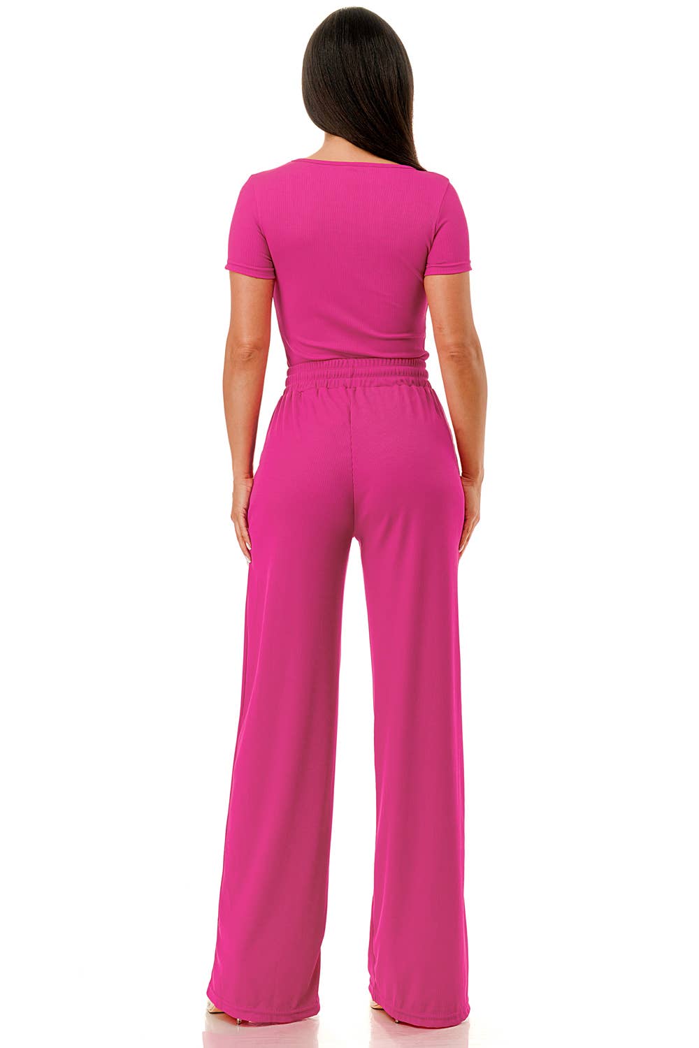 Slinky short sleeve body suit with flare pants fashion set: Mocha