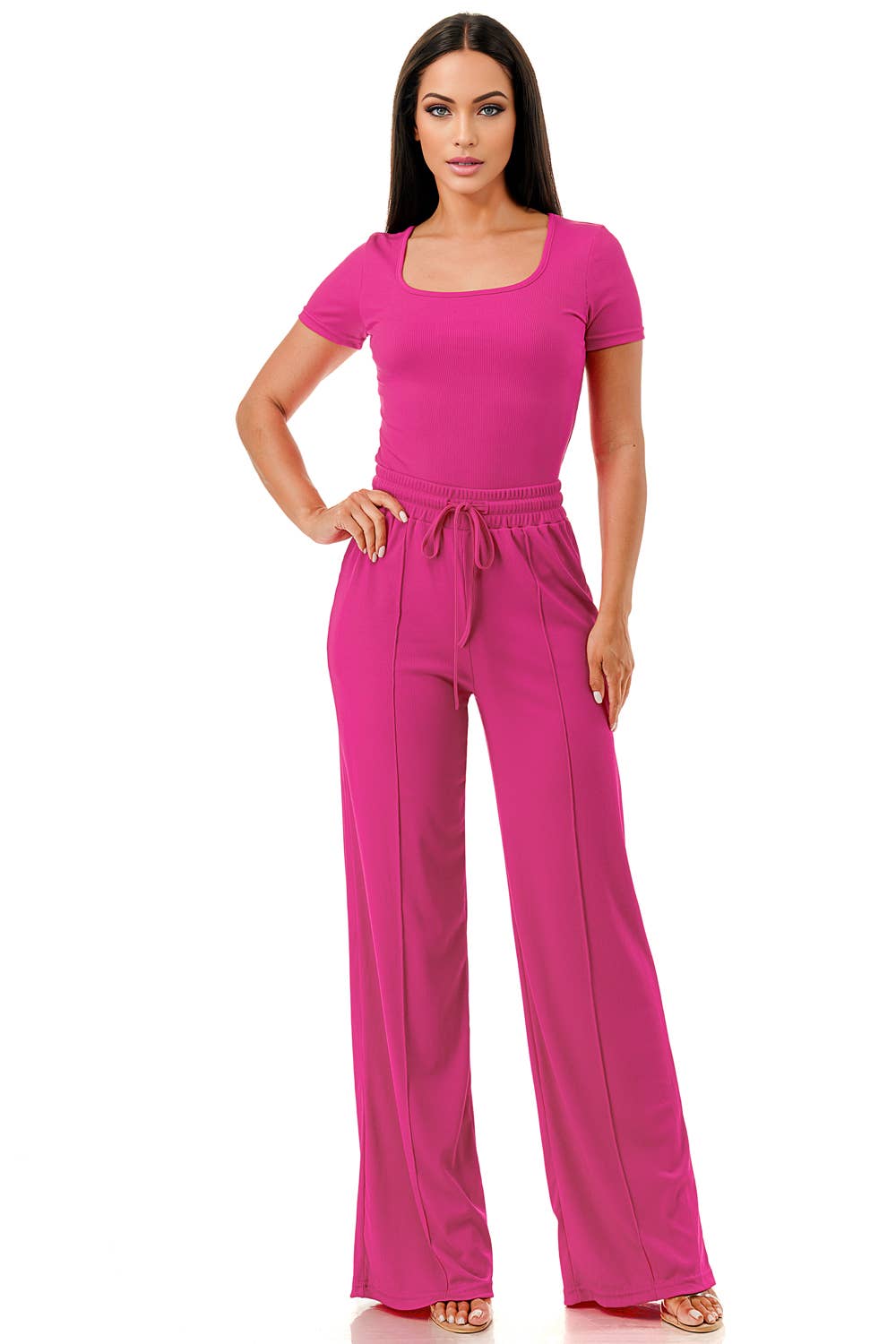 Slinky short sleeve body suit with flare pants fashion set: Black