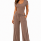 Slinky short sleeve body suit with flare pants fashion set: Mocha