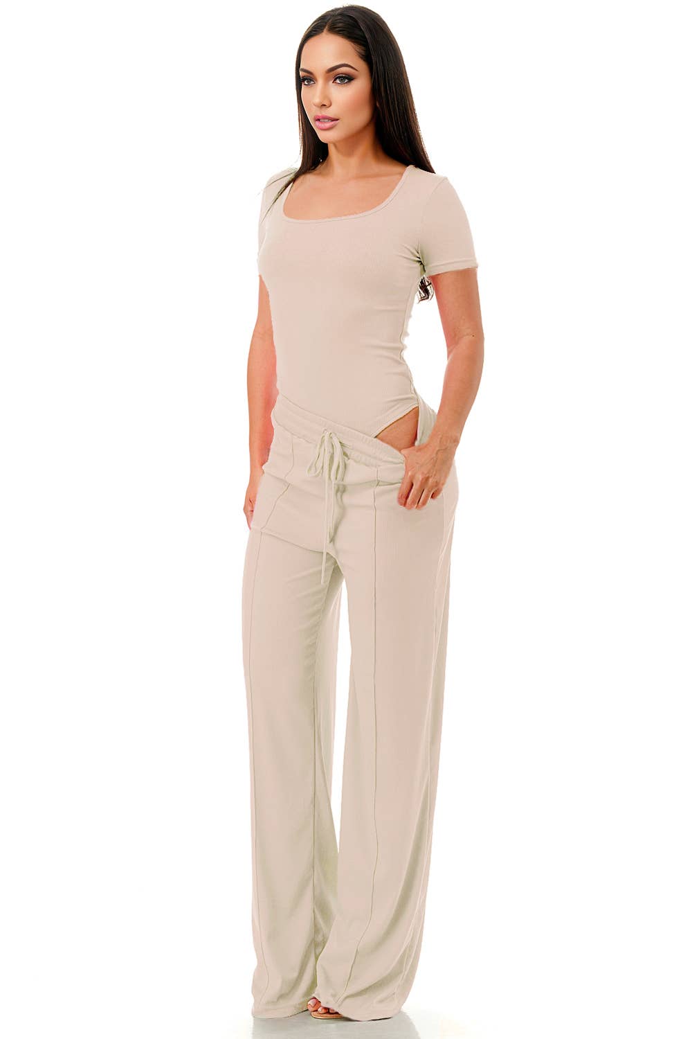 Slinky short sleeve body suit with flare pants fashion set: Mocha