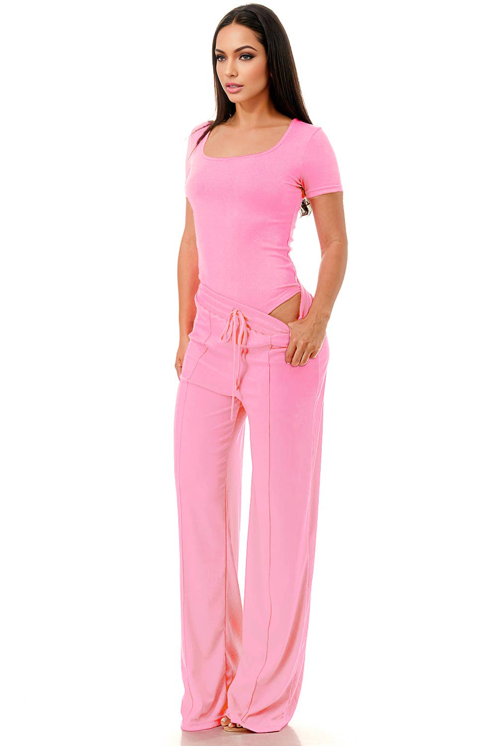 Slinky short sleeve body suit with flare pants fashion set: Mocha