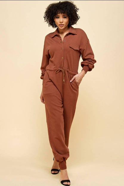 Button Down Front Long Sleeve Jumpsuit