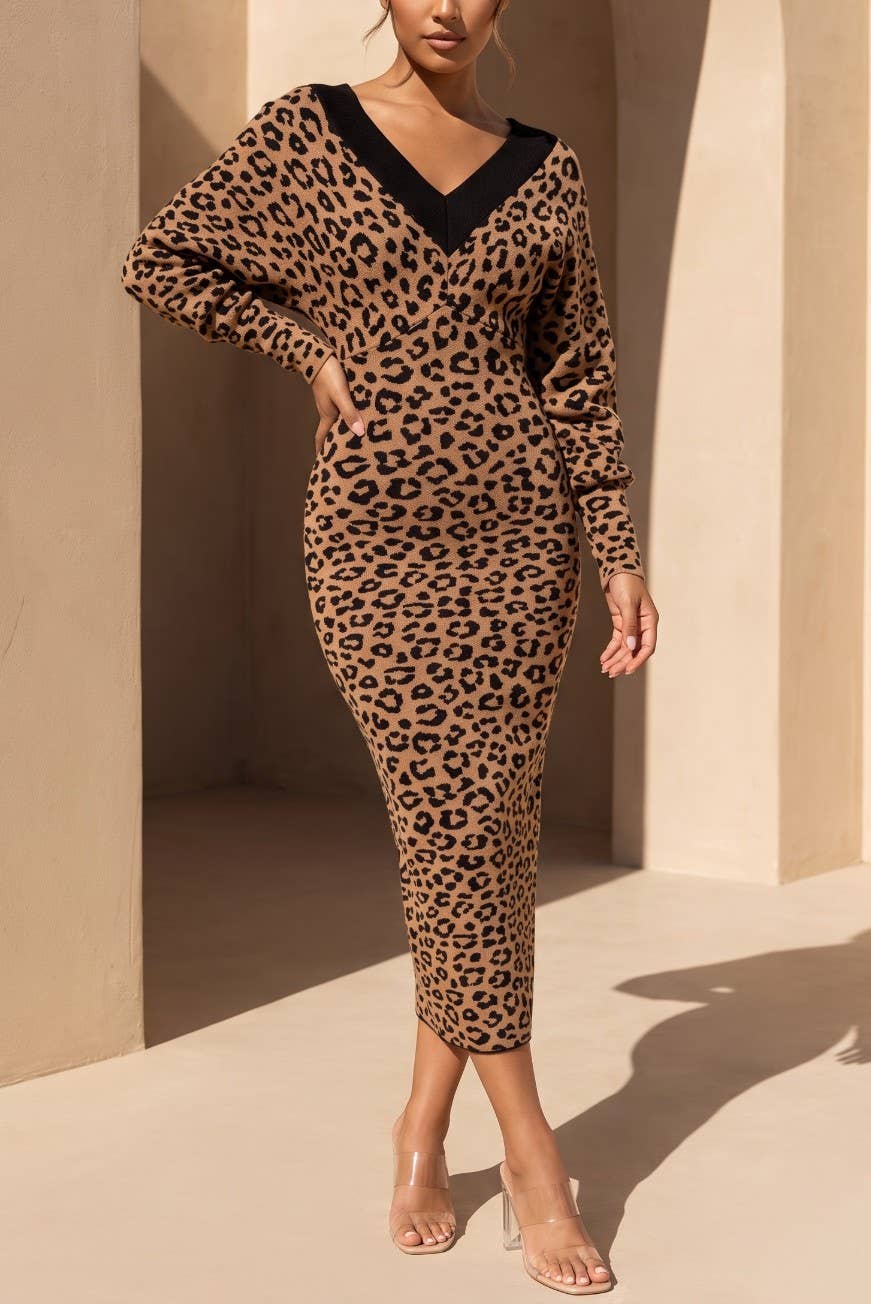 DEEP V KIMONO SLV SWEATER DRESS: ANIMAL / M