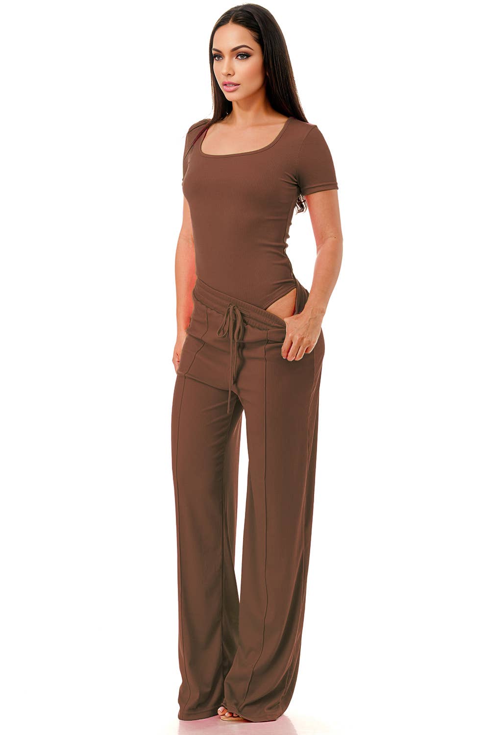 Slinky short sleeve body suit with flare pants fashion set: Mocha