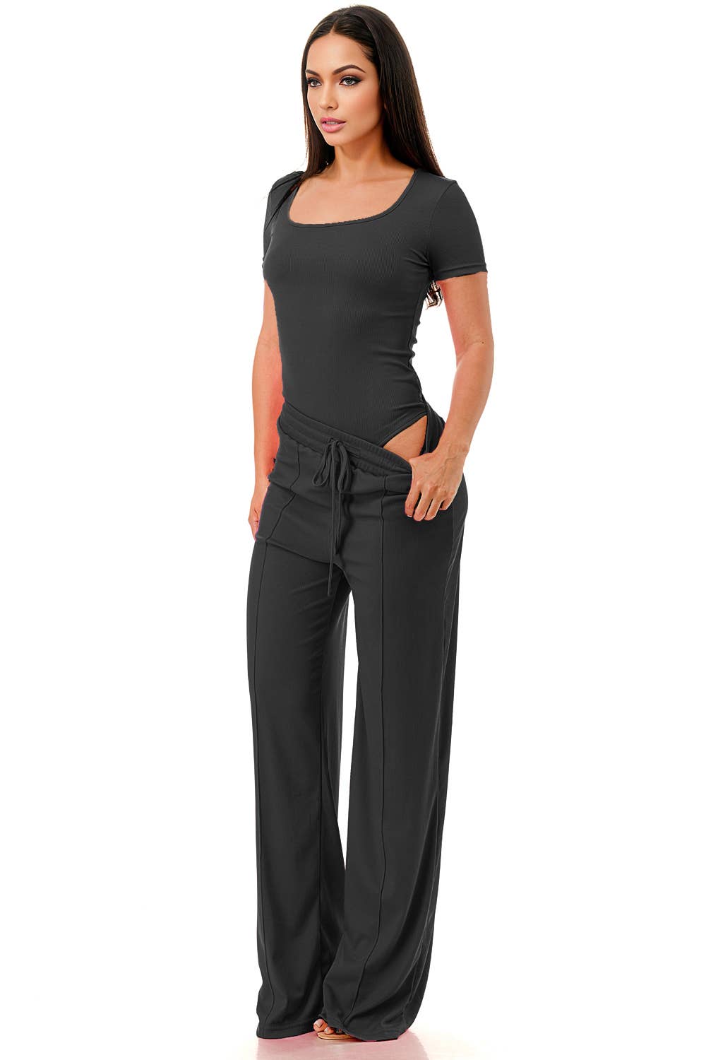 Slinky short sleeve body suit with flare pants fashion set: Mocha