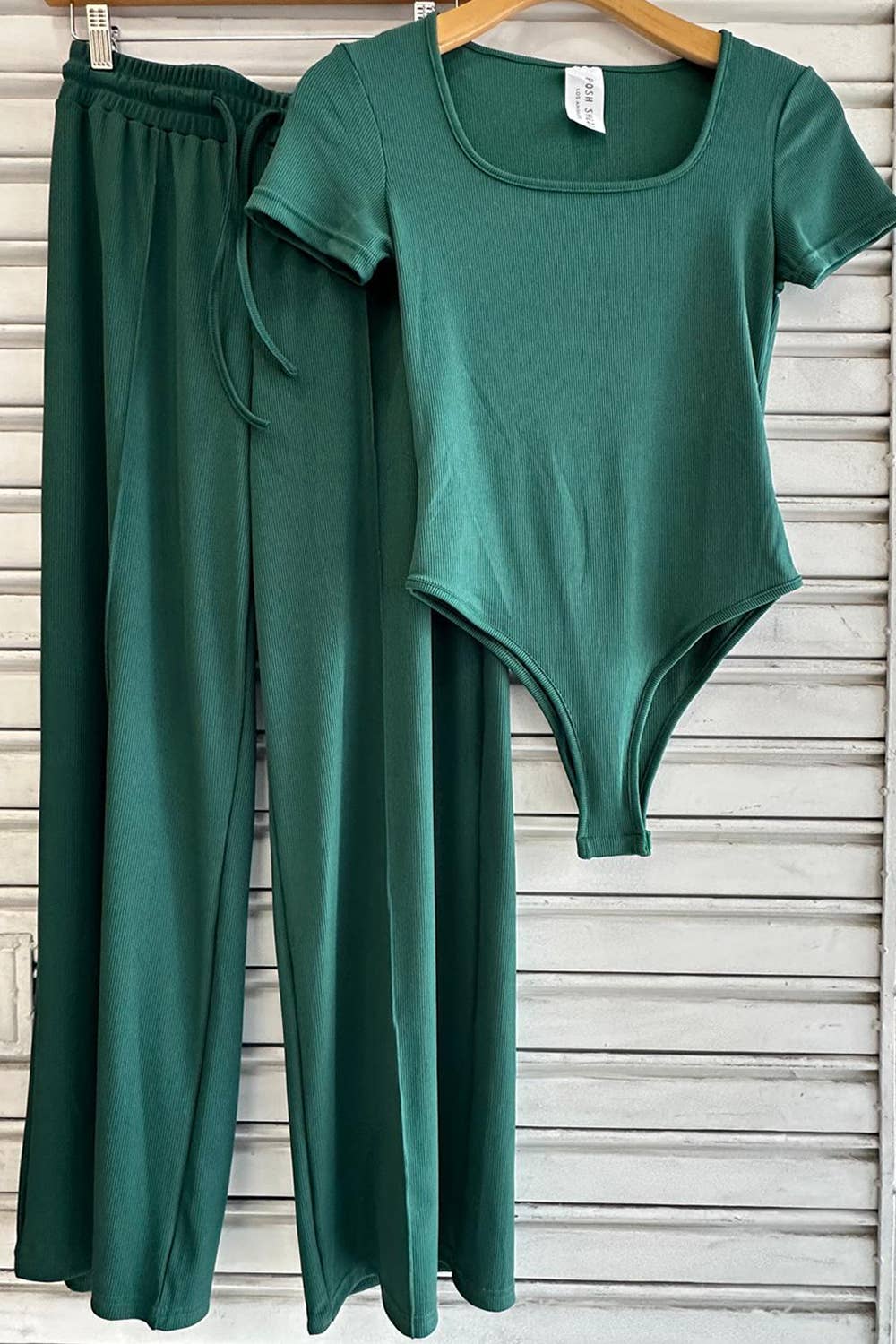 Slinky short sleeve body suit with flare pants fashion set: Mocha