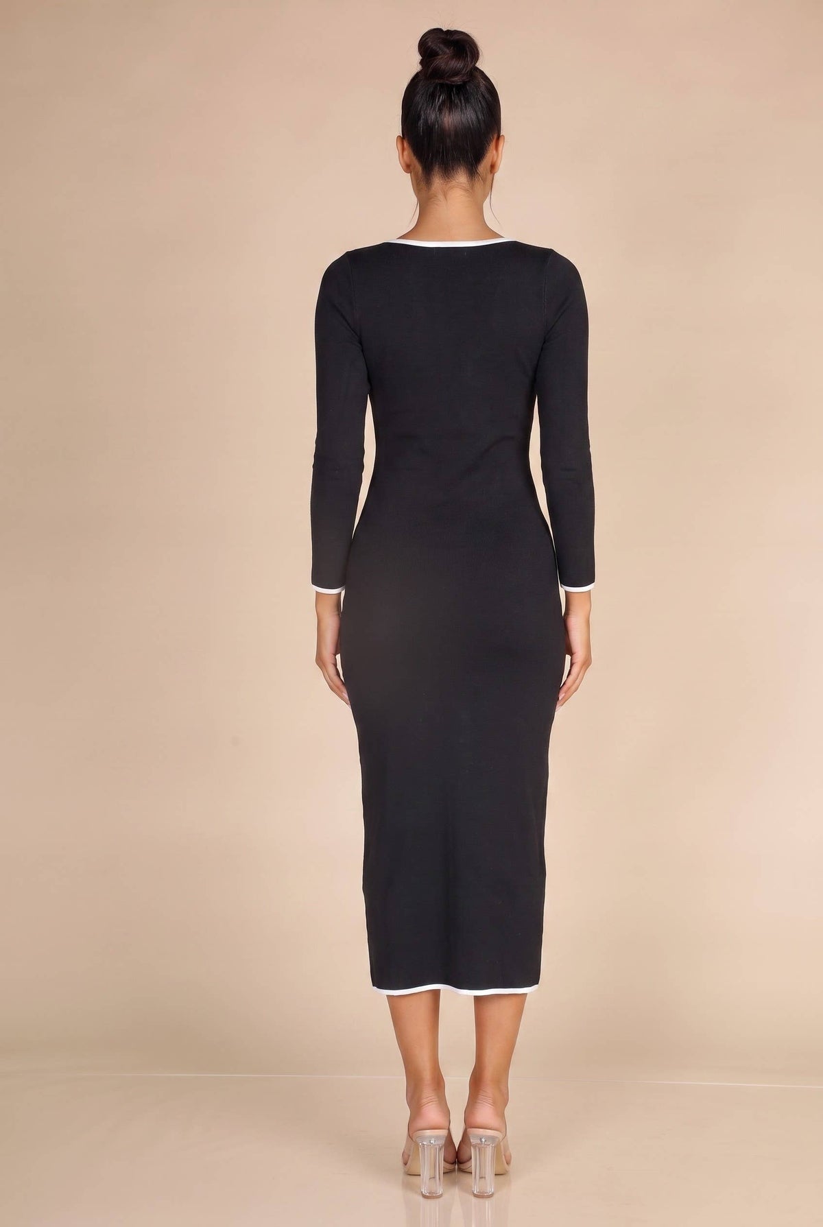 HEM CONTRAST LONG SLV MIDI DRESS : Black / S