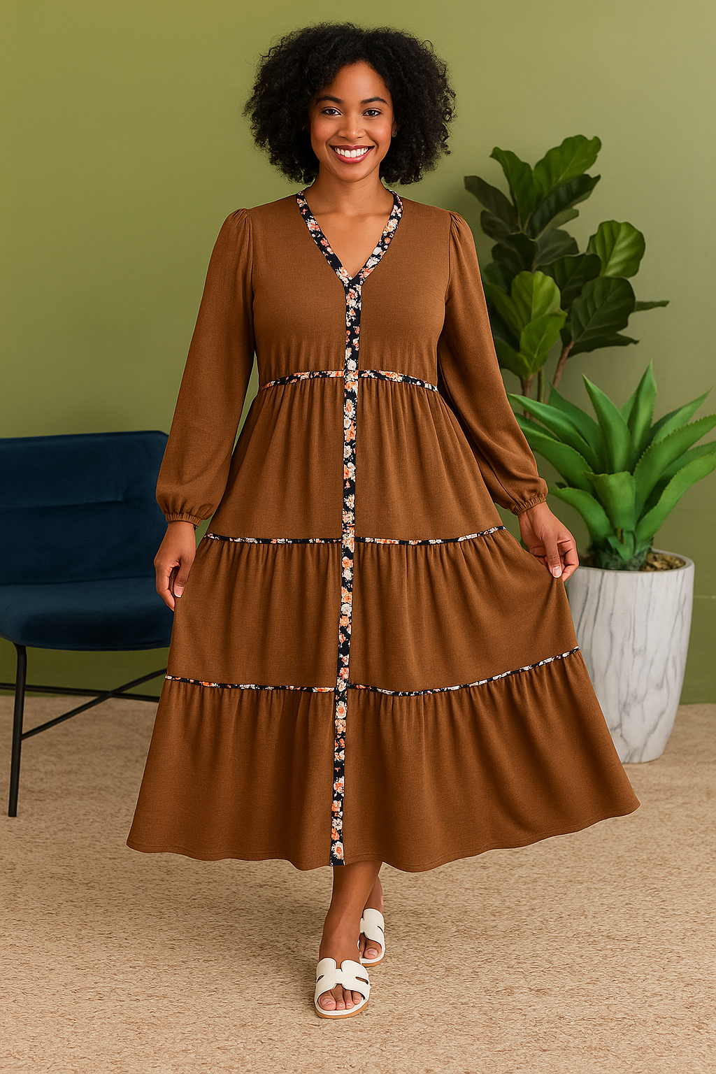 Chestnut Floral Long Sleeve Maxi Dress  Kute and Komfi