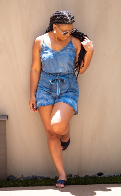 Denim Like Ruffle Draw String Jumpsuit