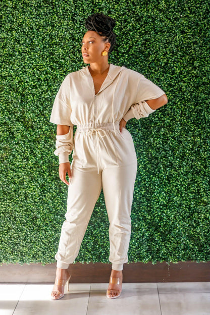 Beige French Terry Hooded Jumpsuit